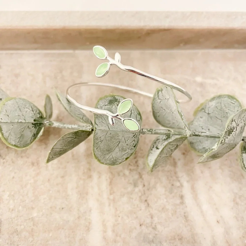 925 Sterling Silver Green Flower Cuff Bracelet Leaf Bracelet Silver Bangle Cuff - Picture 3 of 5